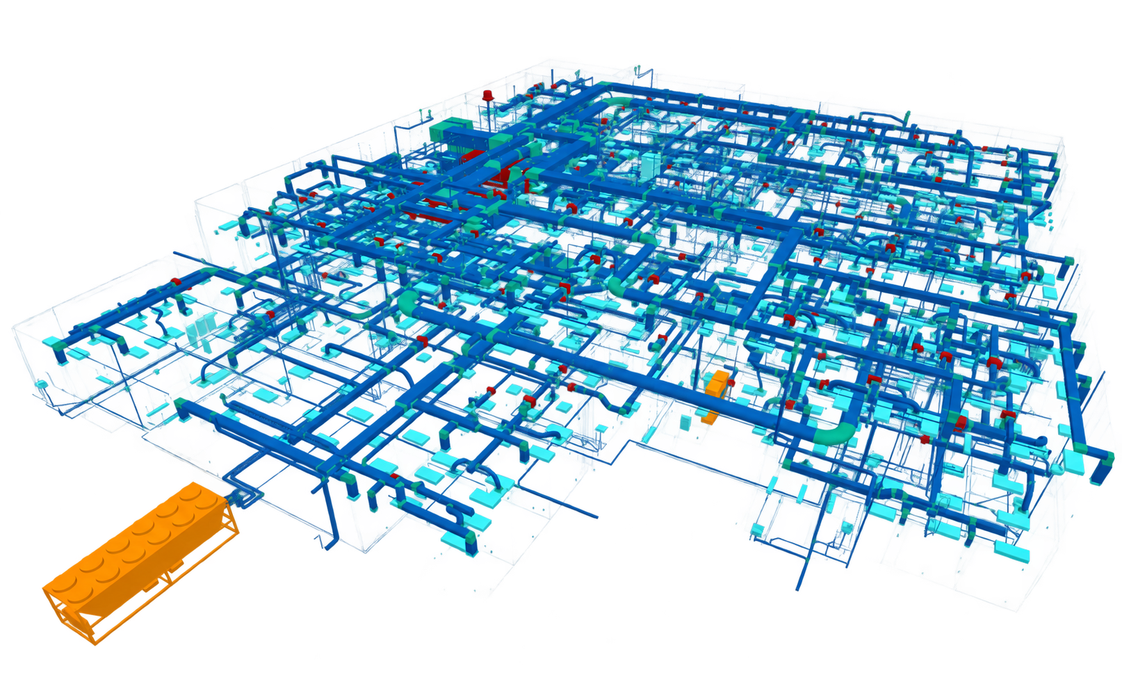 Dense federated MEP coordination model with blue ductwork, green pipework, red fittings, and an orange selected mechanical unit